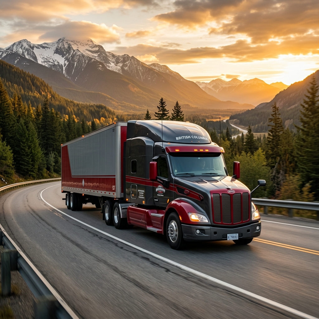 Commercial semi-truck driving on a scenic BC mountain highway